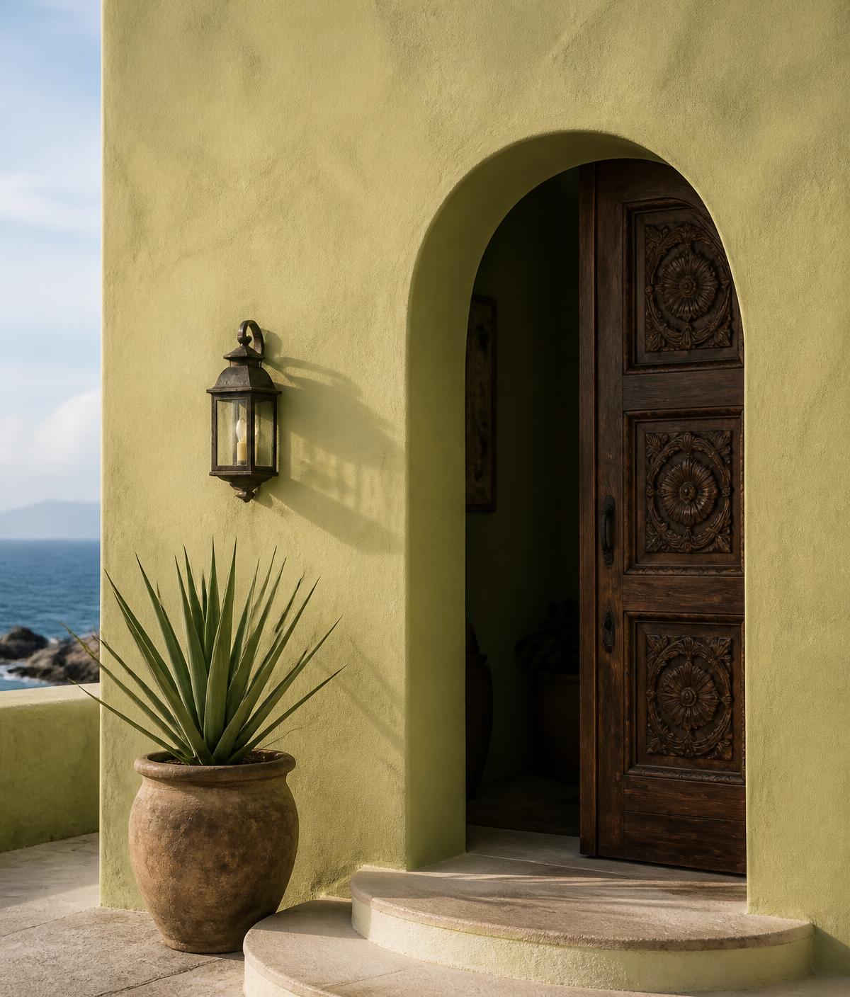 An arched doorway in a warm plaster wall of a quiet coastal house