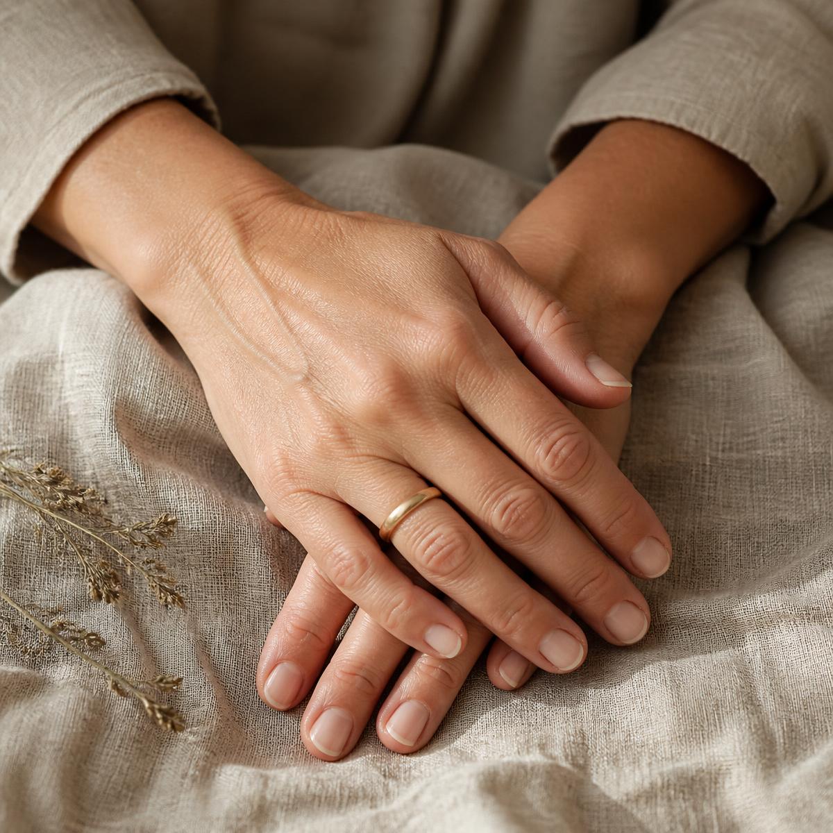 A pair of resting hands on natural linen in soft daylight
