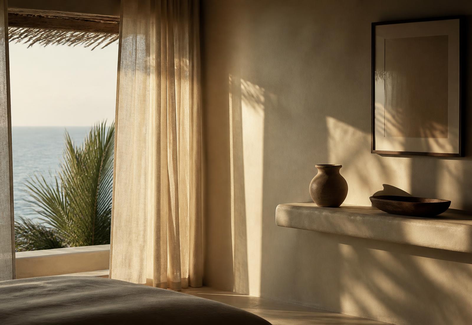 Morning light passing through sheer linen curtains in a quiet coastal room