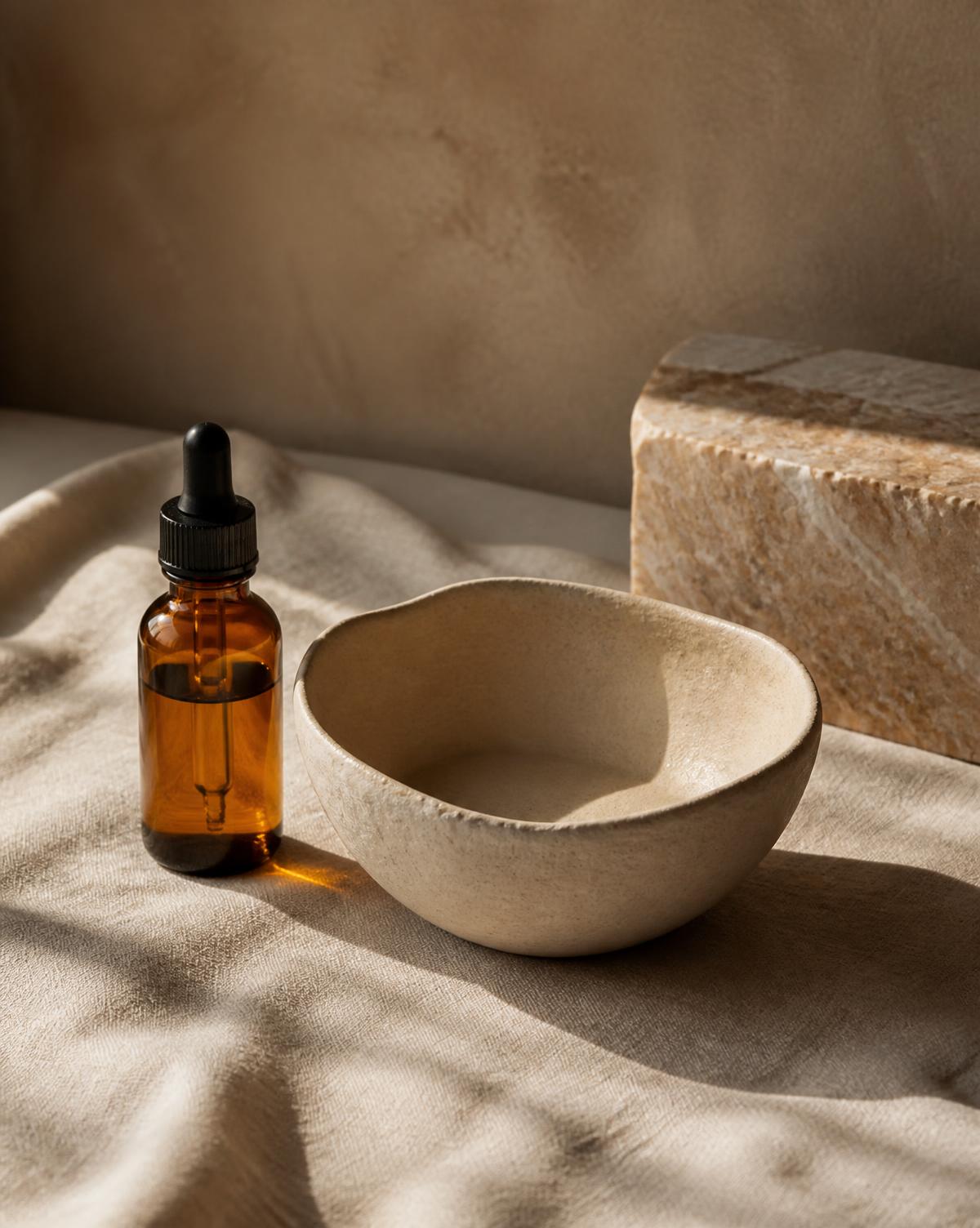 An amber oil bottle beside a handmade ceramic bowl resting on linen